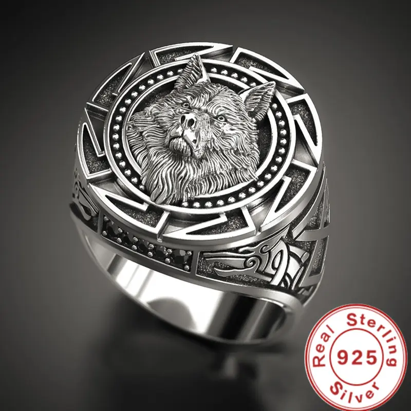 TopJewe - 925 Sterling Silver Ring Retro Wolf Totem Thai Silver Ring Warrior Wolf Head Men's Ring