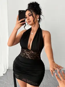 Plus Size Lace Patchwork Halter Dress, Side Tie Adjustable Bodycon A-Line Skirt, Sexy Feminine Style, Perfect for Parties and Special Occasions, Womenswear