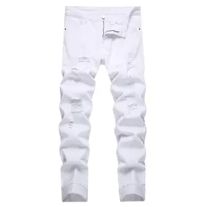 MXCVYCC Men's Ripped Slim Fit Jeans White Distressed Straight Leg Designer Fashion Pants Comfort Flex Denim Streetwear High-Quality Fabric Stretch Five Pockets
