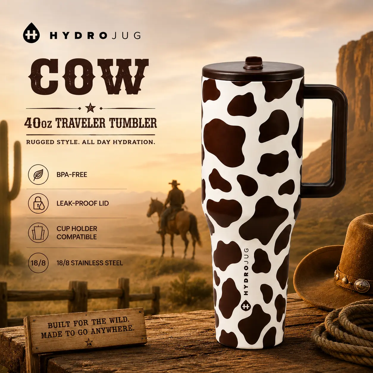 HYDROJUG Cow Print Howdy 40oz Limited Edition Tumbler, Cup Holder Friendly, Leak Proof BPA Free Water Bottle, TikTok Viral