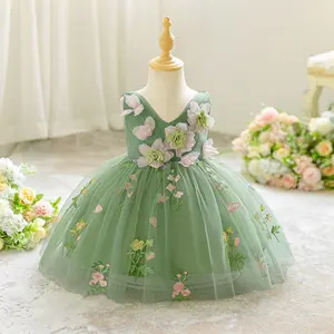 Green Mesh Three Dimensional Flower Embroidery Girls Princess Dress Formal Wedding Party Flower Girl Clothing Toddler Girls' First Communion Dresses