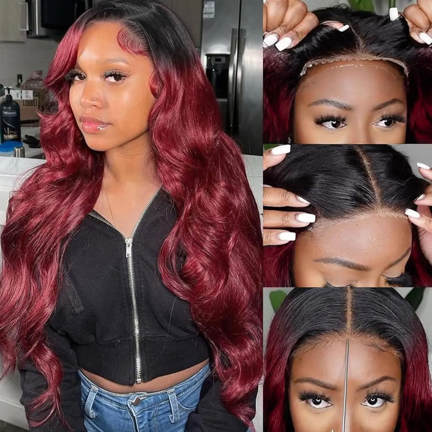 Bling Hair 1B/99J Burgundy Wear and Go Glueless Wig 180% Density Pre Cut HD Transparent Lace 5X5 Lace Wigs Body Wave Human Hair Wig For Women
