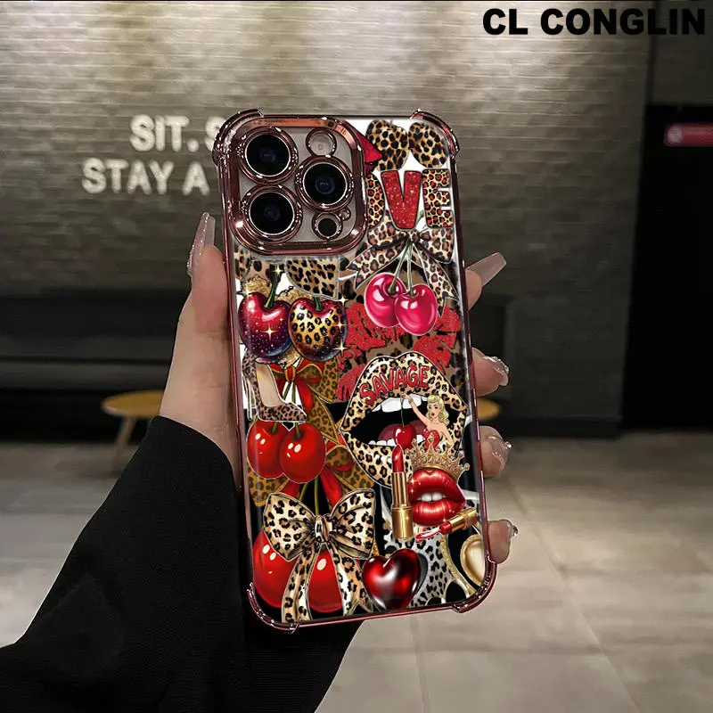 Luxury Transparent Crystal Smartphone Casing - 4-Corner Anti-Fall Shockproof Soft Silicone, Non-Yellowing Customized Protective Cover with Leopard, Lip, Cherry Prints for iPhone 17 Pro Max,16 Pro Max Plus,15,14,13,12,11 Handheld Devices Accessory