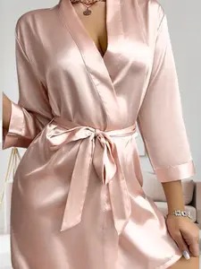 Elegant Solid Color Satin Robe for Women - V-Neck Long Sleeve Waist Tie Belt Short Bathrobe, Silky Imitation Silk Bridal Bridesmaid Robes, Sexy Loungewear for Pajama Party, All-Season Machine Washable