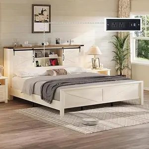 [Memorialday]VanAcc Farmhouse Bed Frame with Sliding Barn Door Storage Headboard, King Size Bookcase Bed with Charging Station & Adjustable Shelf, No Box Spring Needed