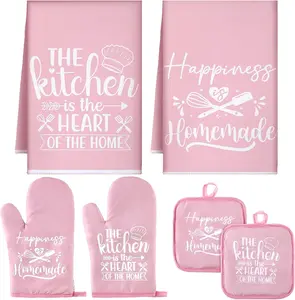 6 Pcs Pink Kitchen Decor Accessories Set Cute Farmhouse Towels Pot Holders Oven Mitts Set 2 Dish Towels 2 Potholders 2 Cooking Mittens for Baking Cooking House Supply(Pink, Kitchen)