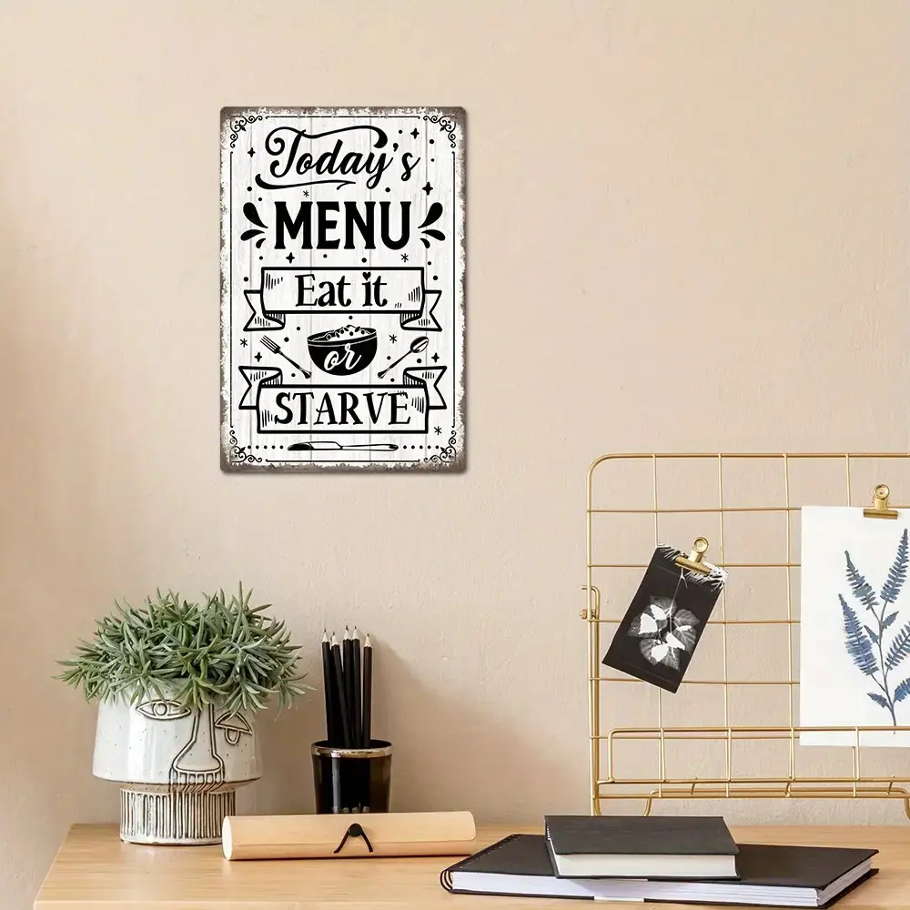 ironVintage "Today'S Menu: Eat or Starve" Metal Tin Sign - Rustic Farmhouse Wall Decor with Distressed Black & White Design, Perfect for Kitchen, Restaurant, or Holiday Gift, Kitchen Wall Art |   Vintage Kitchen Sign |   Durable Metal Sign,