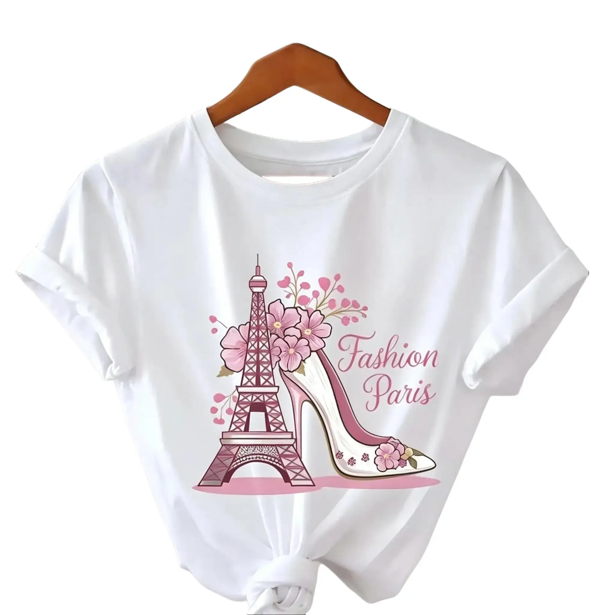 Cotton Short Sleeve  T-Shirt [Relaxed Fit Graphic Tee for] Chic Eiffel Tower & High Heels Graphic Tee for - Soft Polyester Blend, Short Sleeve Crew Neck, Relaxed Fit, Casual Summer & Spring with Floral Accents, Perfect for Travel & Outdoor Activities