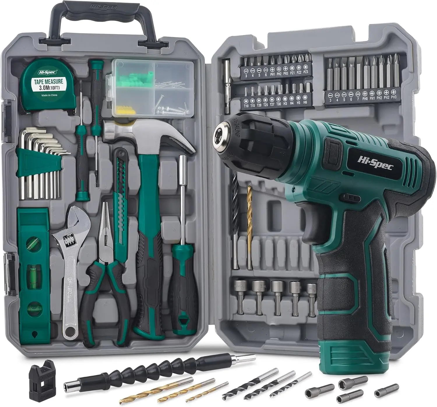 Hi-Spec 8V USB Power Drill Driver 130 pieces and Complete Home Tool Kit Set. Cordless & Rechargeable Electric Drill Driver and Compact Hand Toolbox Set, Green