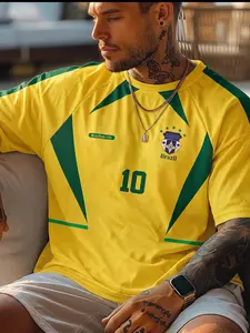 "Brazil 10" Brazilian Retro Soccer Jersey - Yellow/Green, Sporty Vibe  Five-Star Team Badge + Number 10, Mesh Quick-Dry Fabric, Loose Dropped Shoulders. A must-have for retro sports and football fans. # Brazilian 10 Retro Jersey #RetroSportStyle