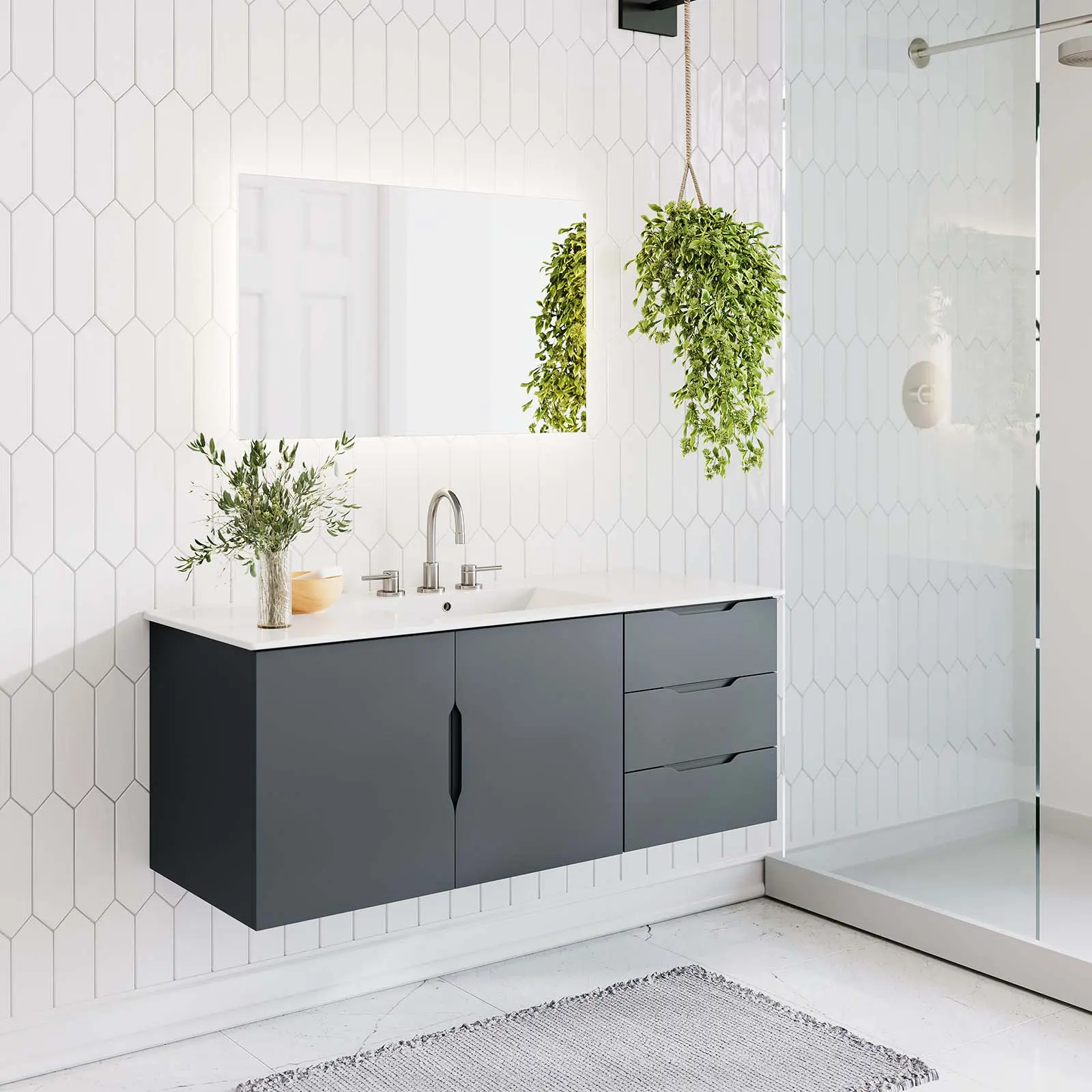 Modway Vitality 48-in Modern Single Sink Bathroom Vanity with Integrated Countertop, Bathroom Storage Cabinet, Gray White Finish, Assembly Required, Fixtures Not Included