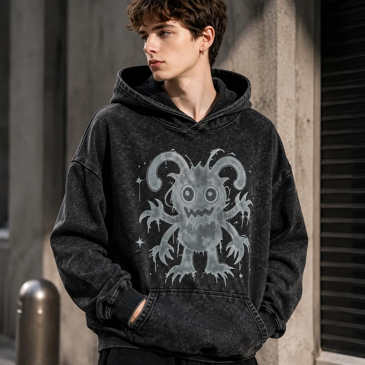 Unisex Vintage Washed Faded Hoodie Grunge Loose Fit Monster Graphic Pullover Heavy 60% Cotton 40% Polyester Streetwear Sweatshirt Gift For Him Baggy Long Sleeve Oversized Birthday