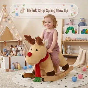 Plush Rocking Horse Ride-On Toy for Toddlers 1–3 Years, Kids Rocking Toy with Lullaby Music, Hand Puppets & Safety Belt, Soft Fabric, CPC Certified