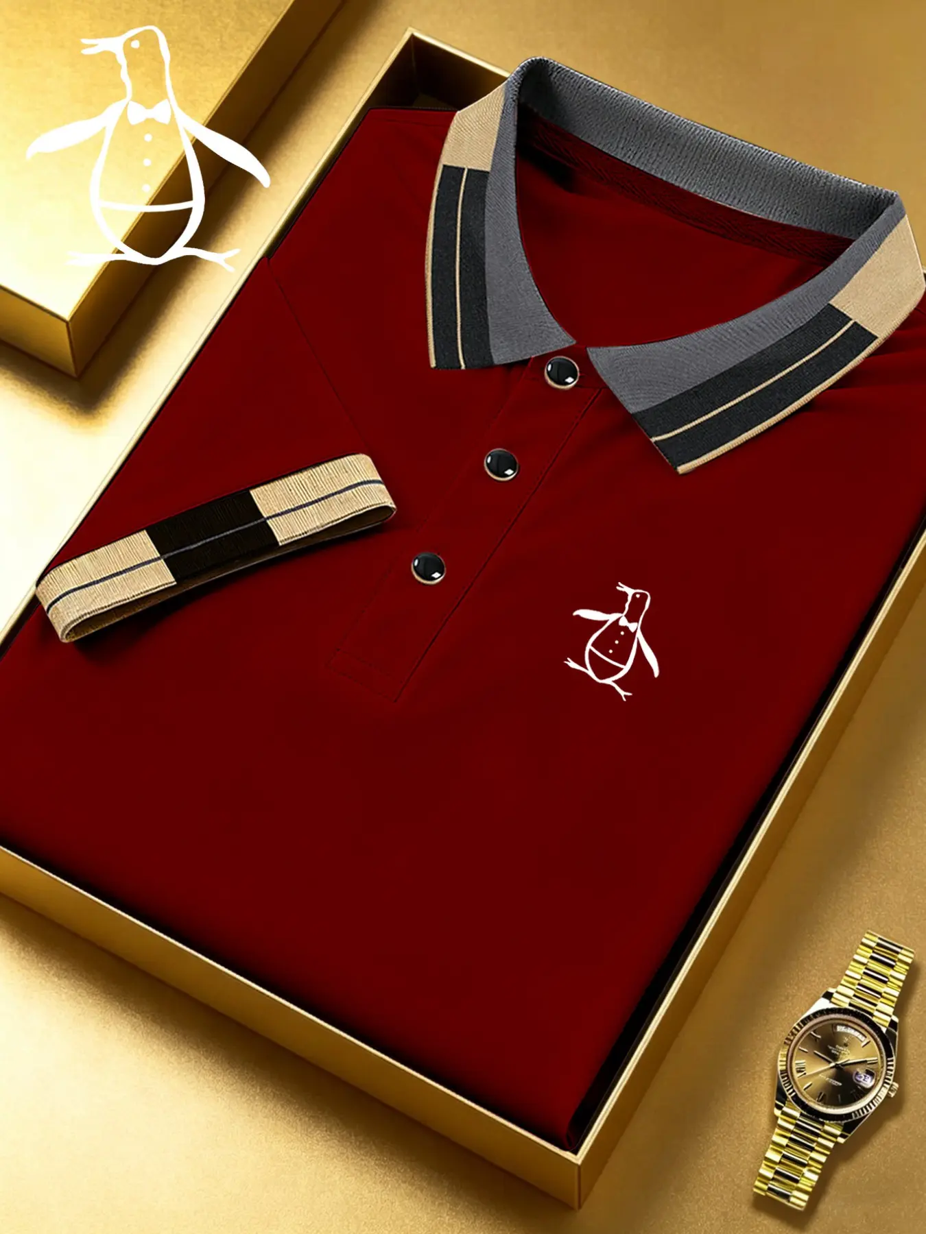 Men's Penguin Print Polo Shirt, Fitted Casual Top, Breathable Stretch Fabric, All-Season Comfort, Durable High-Quality Design