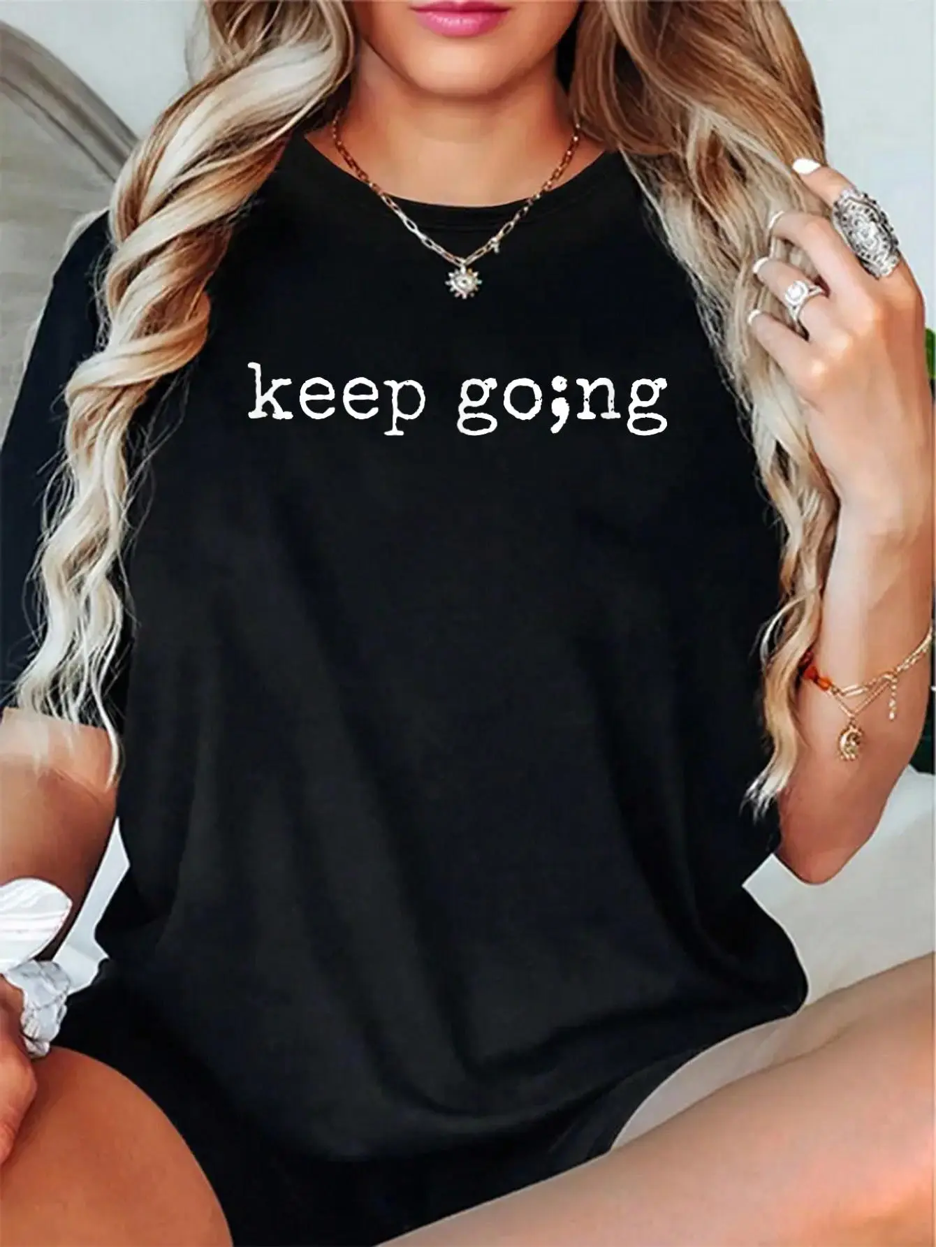 Women's Semicolon Graphic Short-Sleeve T-Shirt - 100% Cotton Breathable Fabric, Unisex Casual Cute Relaxed Fit "Keep Going" Mental Health Awareness Top, Love, Shortsleeve, Everyday
