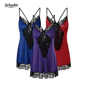 Jelsubi 3pcs Plus Size Sexy Lace Satin Nightdress with Deep V Backless Design and Split Slip for Women's Sleepwear & Dresses