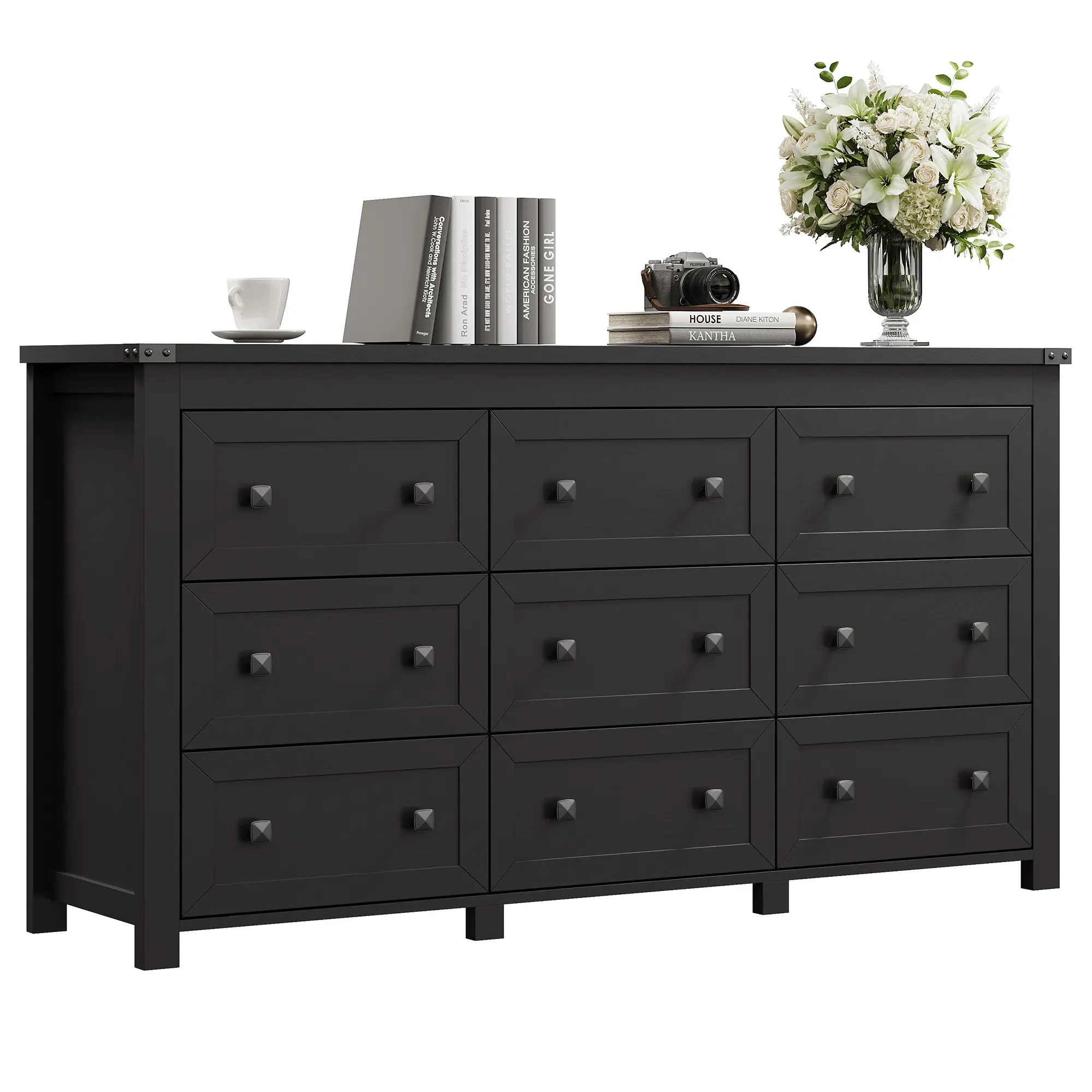 Dresser for Bedroom with 9 Drawers, Farmhouse Wood Chest of Drawers, Wide TV Stand Closet Storage Furniture with Metal Handle, Modern Clothes Organizer for Hallway, Living Room, Entryway, White