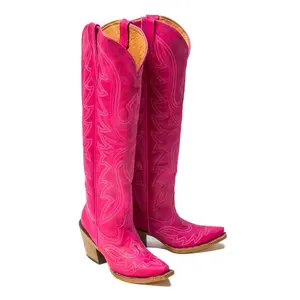 TANNER MARK WOMEN’S Crackle Hot Pink Fashion Heel Knee High Cowgirl Boots