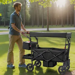2-Seater Wagon Stroller, Push & Pull Quad Collapsible Tandem Stroller for 2 Kids, Foldable Outdoor Cart with Adjustable Handle, Encircling Harness & Removable Canopy, 4-Wheel Brake System