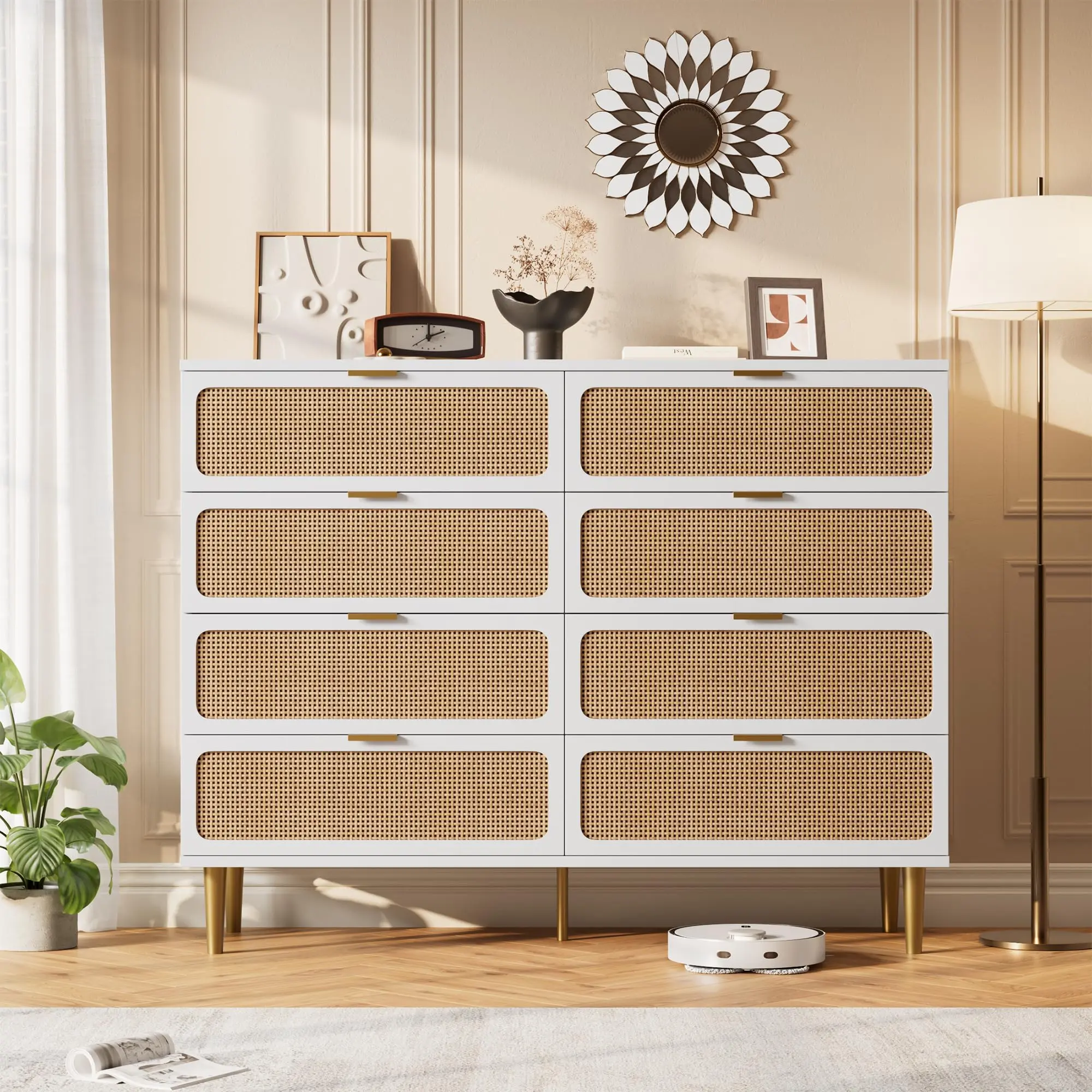 Garvee Rattan 8 Drawer Tall Dresser with Deep Drawers, Large Wooden Chest of Drawers for Bedroom, Closet, Living Room, Hallway, with Wide Top in White Finish