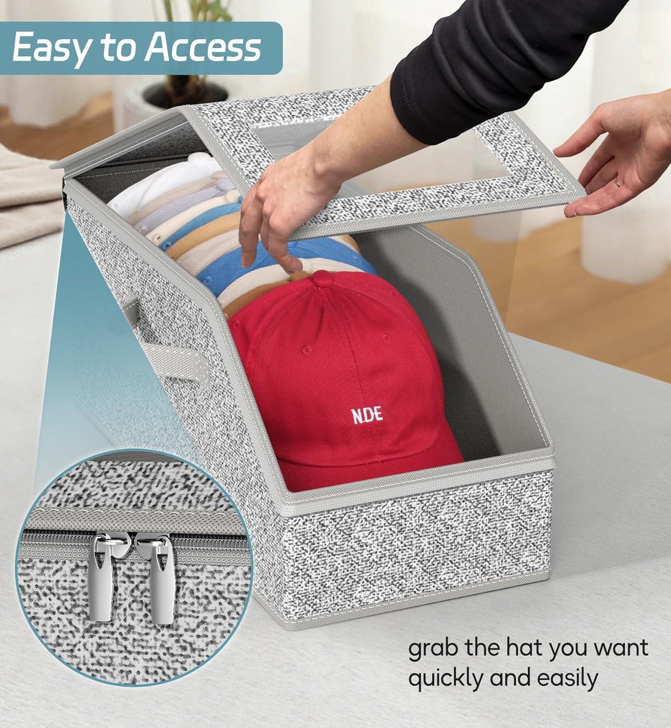 2 PCS Stackable Hat Storage for Baseball Caps, Holds up to 24 Caps Hat Organizer for Closet, Sturdy Snapback Boxes for Men with Cardboard, Grey
