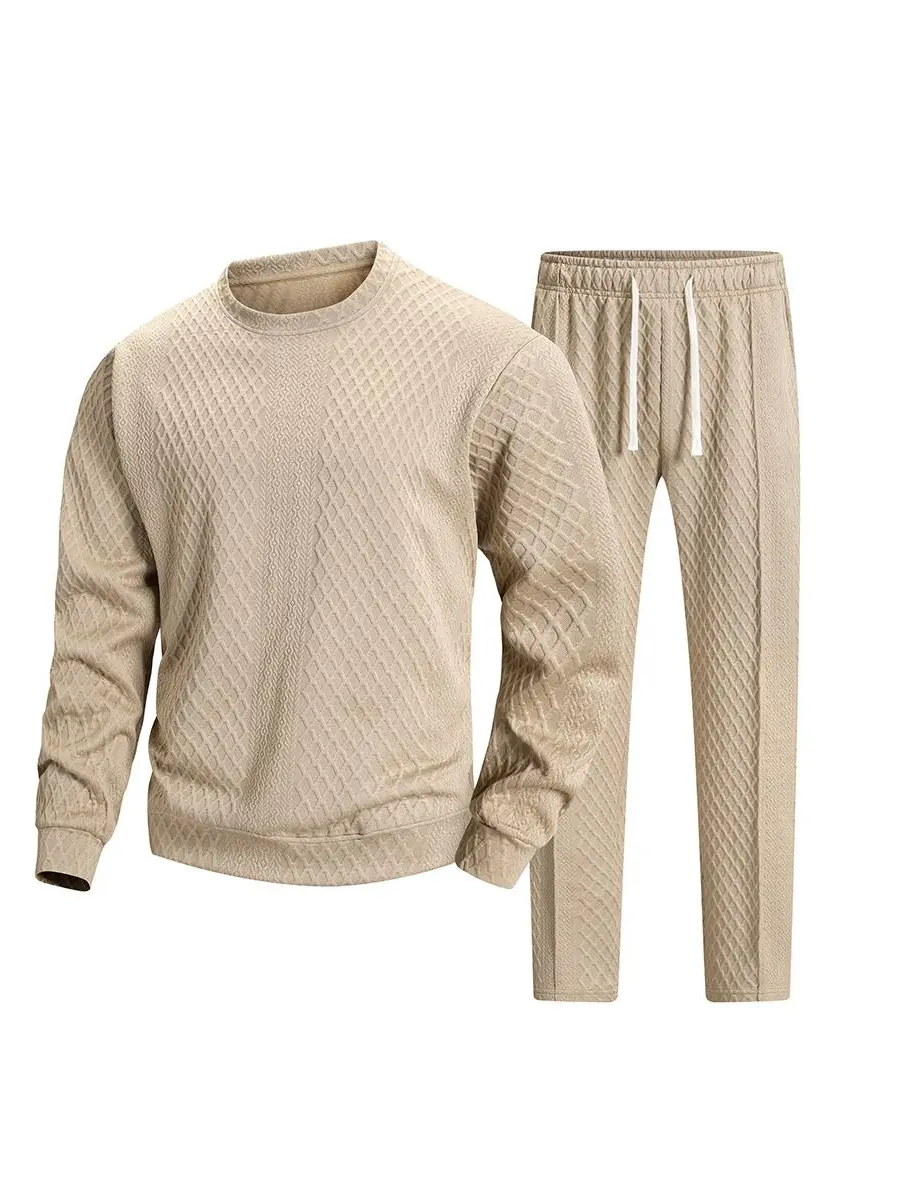 Men's 2-Piece Tracksuit Set with a 3D Diamond Waffle Jacquard Texture, Casual Loose Fit Outfit, Crew Neck Top & Drawstring Ankle Length Pants, Long Sleeve, Straight Leg, Sporty Chic, Male, Elastane, Polyester Blend, Diamond Weave, Breathable Knit, Regular