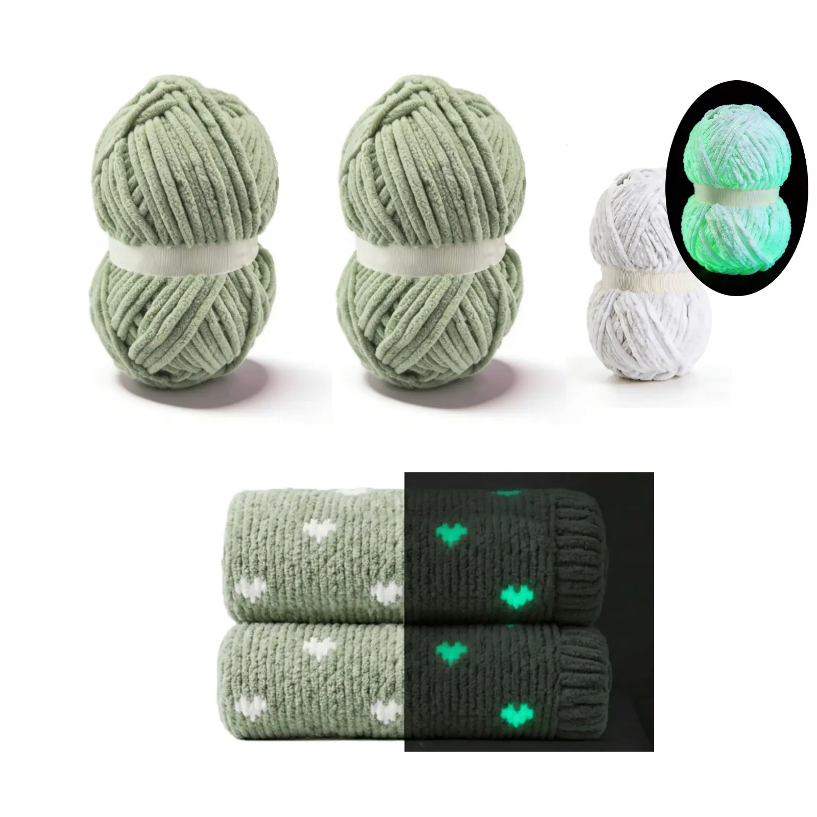 Glow in the Dark Chunky Yarn Bundle, Super Bulky Chenille Blanket Yarn for Crocheting, 3 Skeins (2 Solid Colors + 1 Glow Yarn) Soft Plush Velvet Yarn for Knitting Creations, Sage Green