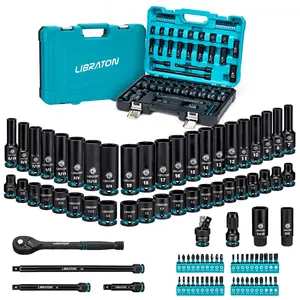 Libraton 3/8" Drive Impact Socket Set, 90PCS SAE & Metric Cr-V Deep & Shallow Impact Driver Sockets with Extension Bars, Ratchet Handle, Screwdriver Bits, Spark Plug Sockets, Adapter, Universal Joint outdoorfun Hex Wrenches