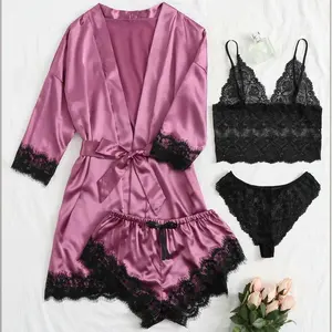 Women's 4-Piece Satin Pajamas Set, Floral Lace Lingerie Sleepwear with Long Robe Nightgown Vneck Style Womenswear Loungewear Elegance Homewear Basic Minimalist