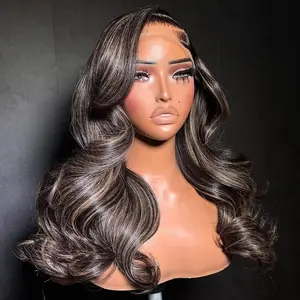 Rina Vacation Hair 32 Inch Upgrade 210% Density Black with Blonde Highlight Wig Human Hair 13x4 HD Body Wave Luxury Balayage Blonde Highlight Wig 12A Grade Raw Hair Pre Plucked Ombre Lace Front Wig for Women