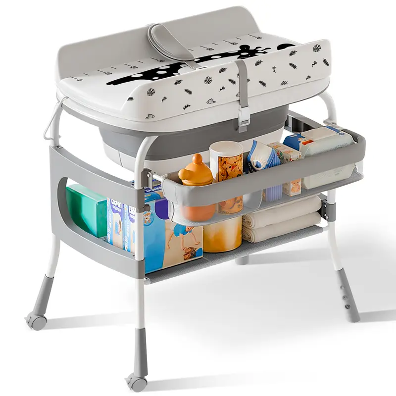 2-in-1 Baby Changing Table & Bath Tub Foldable with Storage Wheels Smart Temp Display Safety Belt Multifunctional Newborn Changing Table Fall Deals For You