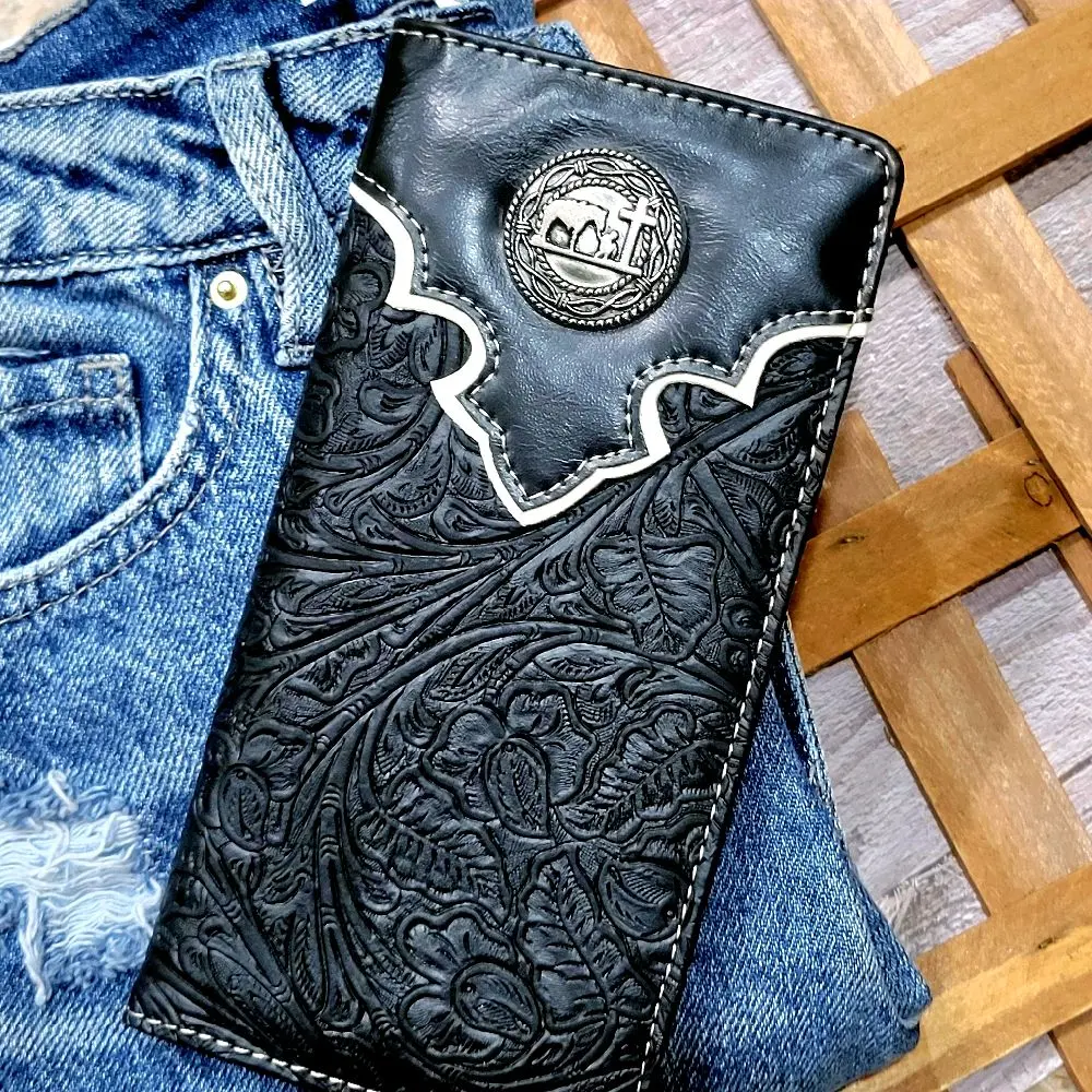 Praying Cowboy Western wallet Cowboy wallet Religious wallet  embossed faux leather long checkbook bifold wallet black.
