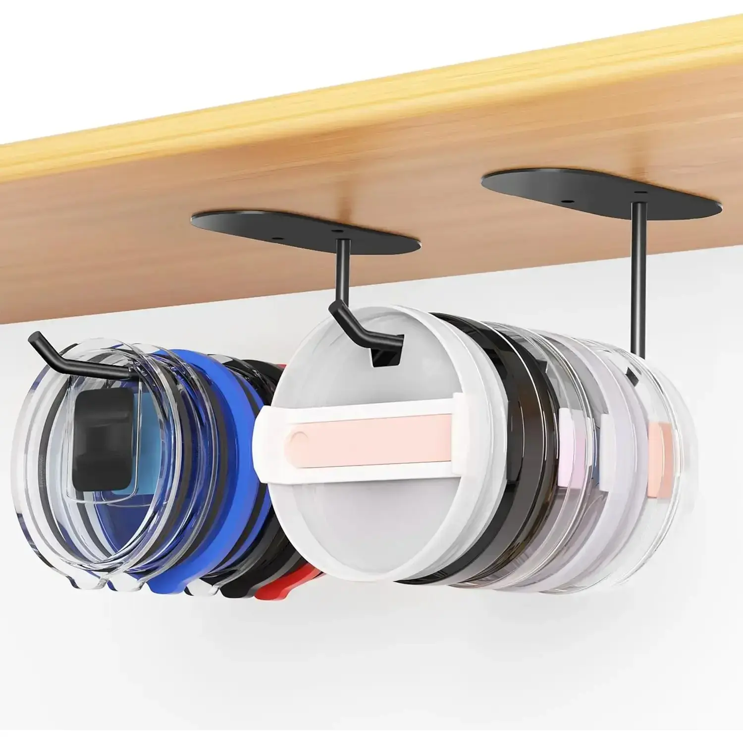 Tumbler Lid Organizer - Stainless Steel Holder, Self Adhesive or Drilling Tumbler Lid Storage Hook, Wall Mount for Kitchen Cabinet (2pcs,Black)