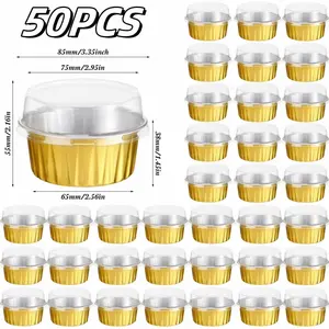 50 Pieces 5oz Mini Disposable Ramekins Baking Cups with Lids, Mini Cake Pans Aluminum Foil Baking Cups with Lids for Wedding Party Birthday Catering Gathering Baking Supplies Bakeware