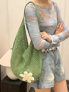 Fashion Bohemian Crochet Shoulder Bag, Large Capacity, Hollow Design, Lightweight Breathable Polyester Fiber, Perfect for Beach Shopping Daily Use
