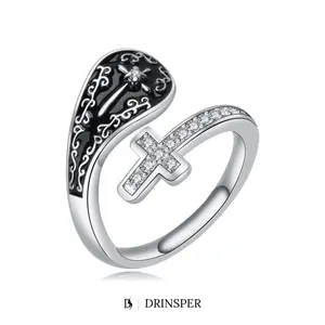 DRINSPER Silver-Plated Copper Cubic Zirconia Cross & Angel Wing Open Ring - Cross Embellished, Crucifix Motif Faith Jewelry for Women, Jesus-Inspired Statement Gift for Church, Christmas, Baptism, Cubic Zirconia Rings, Cross Embellished Rings