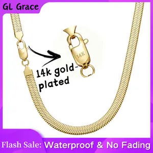 14K Gold Plated Herringbone Chain Necklace – 7mm Flat Snake Chain, Waterproof & No Tarnish Jewelry for Women & Men (16–24”)