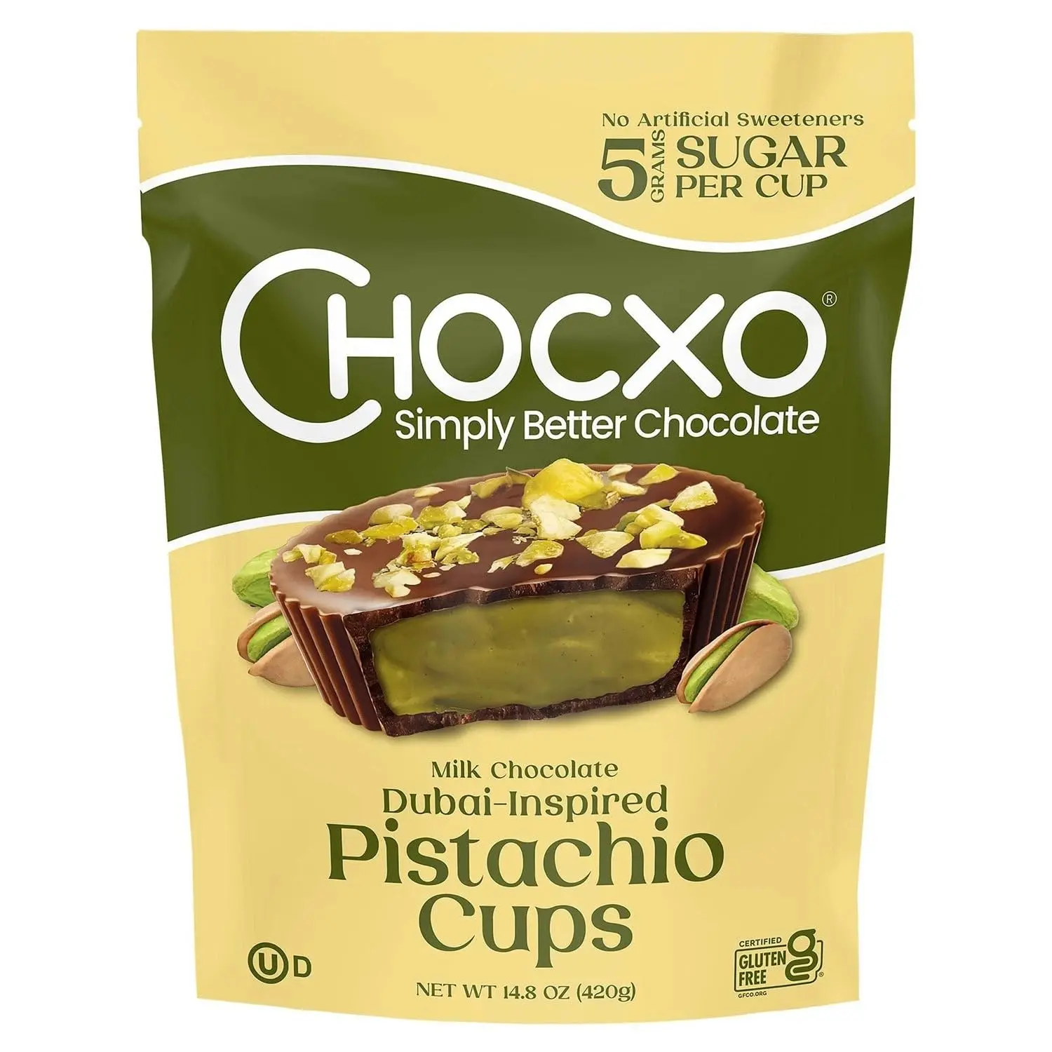 ChocXo Crunchy Milk Chocolate Dubai-Inspired Pistachio Cups - 14.8 oz, Individually Wrapped Dessert Snack with Bite-Sized Convenience