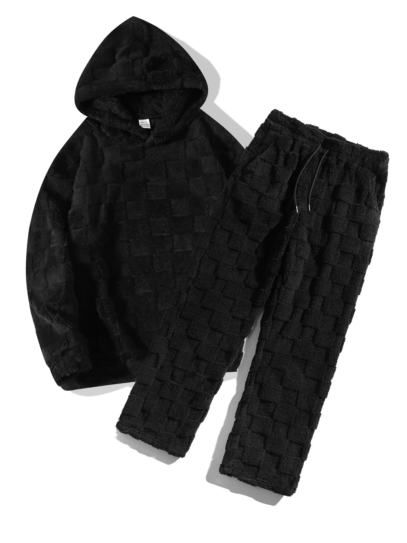Men's plush plaid warm Pullover hoodie and belt-tie waist long pants set, casual warm two-piece Outfit, Sweatsuit set, suitable for daily outdoor wear, autumn and winter men's clothing, Sweatshirt