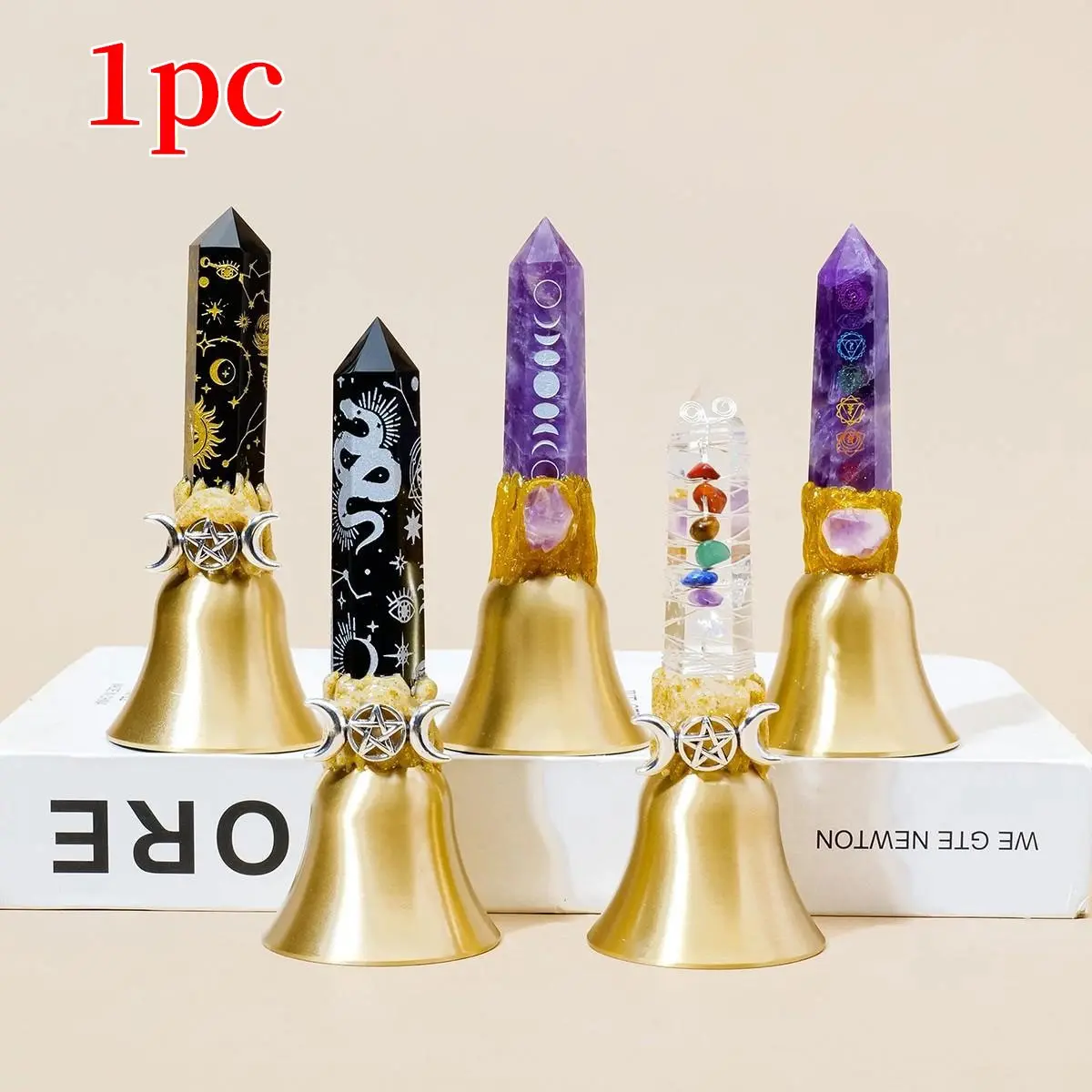 1Pc Crystal Point Brass Bell, Chakra Healing & Energy Cleansing, Amethyst Wand Witch Bell, Home Decor, Crystal Ornaments, Spiritual & Christmas Gift, Hand-Selected Crystal