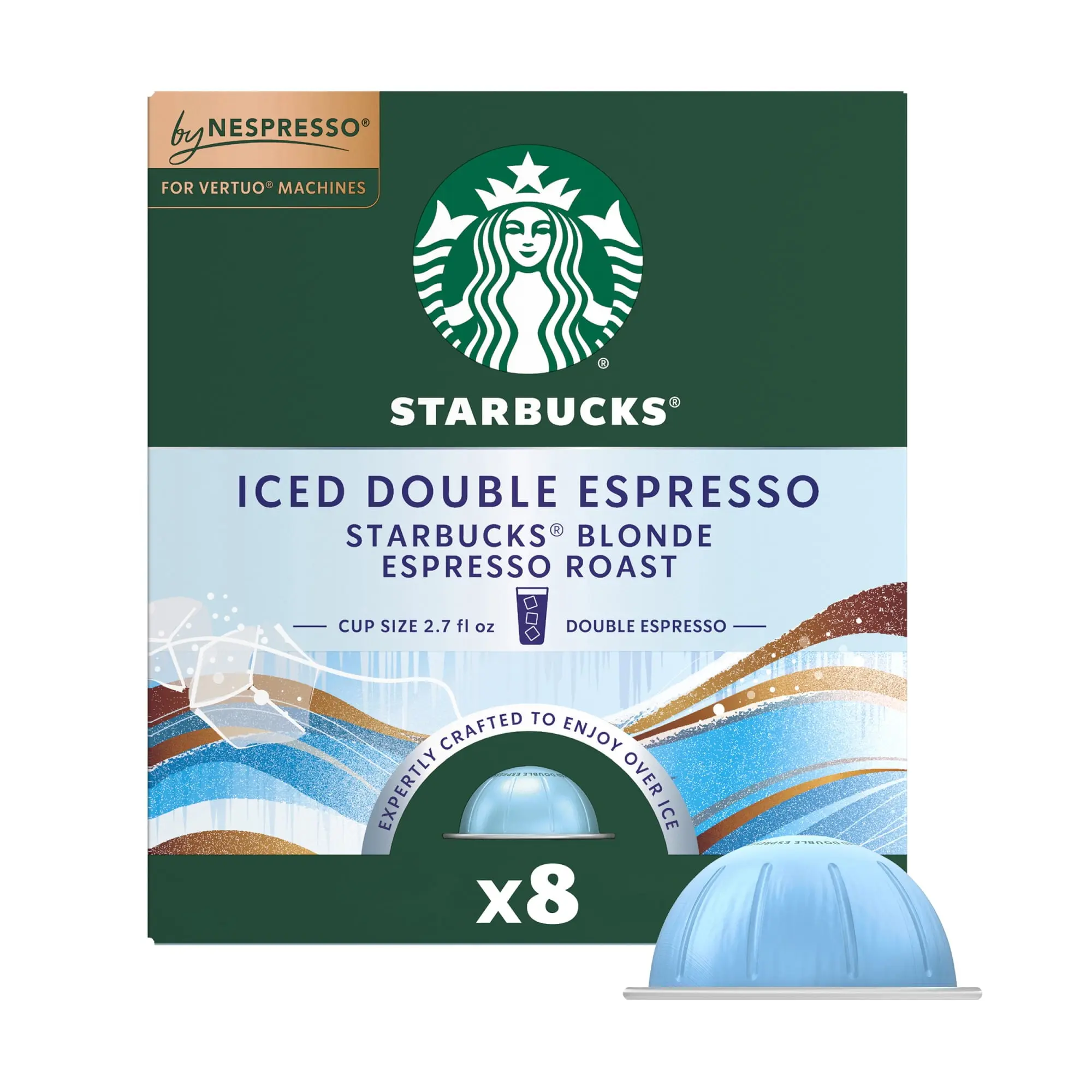 Starbucks by Nespresso Vertuo Iced Double Espresso Blonde Roast Coffee Capsules - 8 Count, 100% Arabica, Sugar Free, Vegetarian, Low Calories, Cholesterol Free, Recyclable Packaging, 12-Month Shelf Life Adult Beverage, Adults