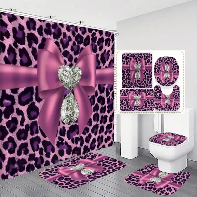 1/4 pc diamond purple leopard print bow pattern, Decorative shower curtain, shower curtain set, non-slip mat, U-shaped rug, toilet seat cover, bathroom decoration, includes 12 shower curtain hooks