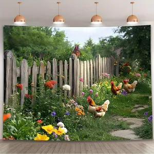1pc Chickens In A Flower Filled Garden By A Wooden Fence Backdrop Banner Backdrop Studio Wall Perfect for Party Backdrop Environmental Celebration&Birthday Anniversary Decoration Easy to Use for Outdoo