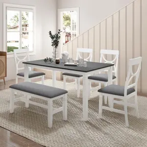 [Bellemave] TOPMAX 6-Piece Wood Dining Table Set Kitchen Table Set with Upholstered Bench and 4 Dining Chairs, Farmhouse Style,Gray+White (old sku: SP000003AAK)