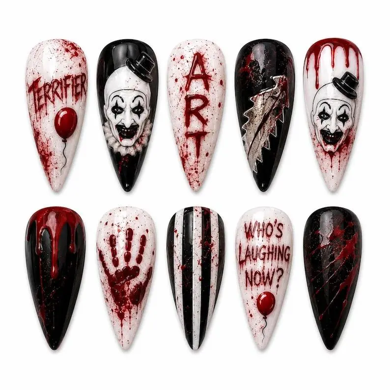 Terrifier Horror Press-On Nails – Creepy Clown, Bloody Balloon Halloween Art