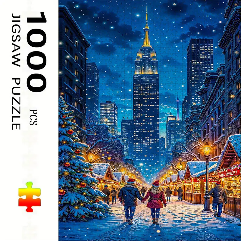 1000 Piece Christmas Market Couple Theme Puzzle, Large Adult Family Interactive Toy, DIY Home Decor Brain Challenge, Holiday Scene, Mixed Colors