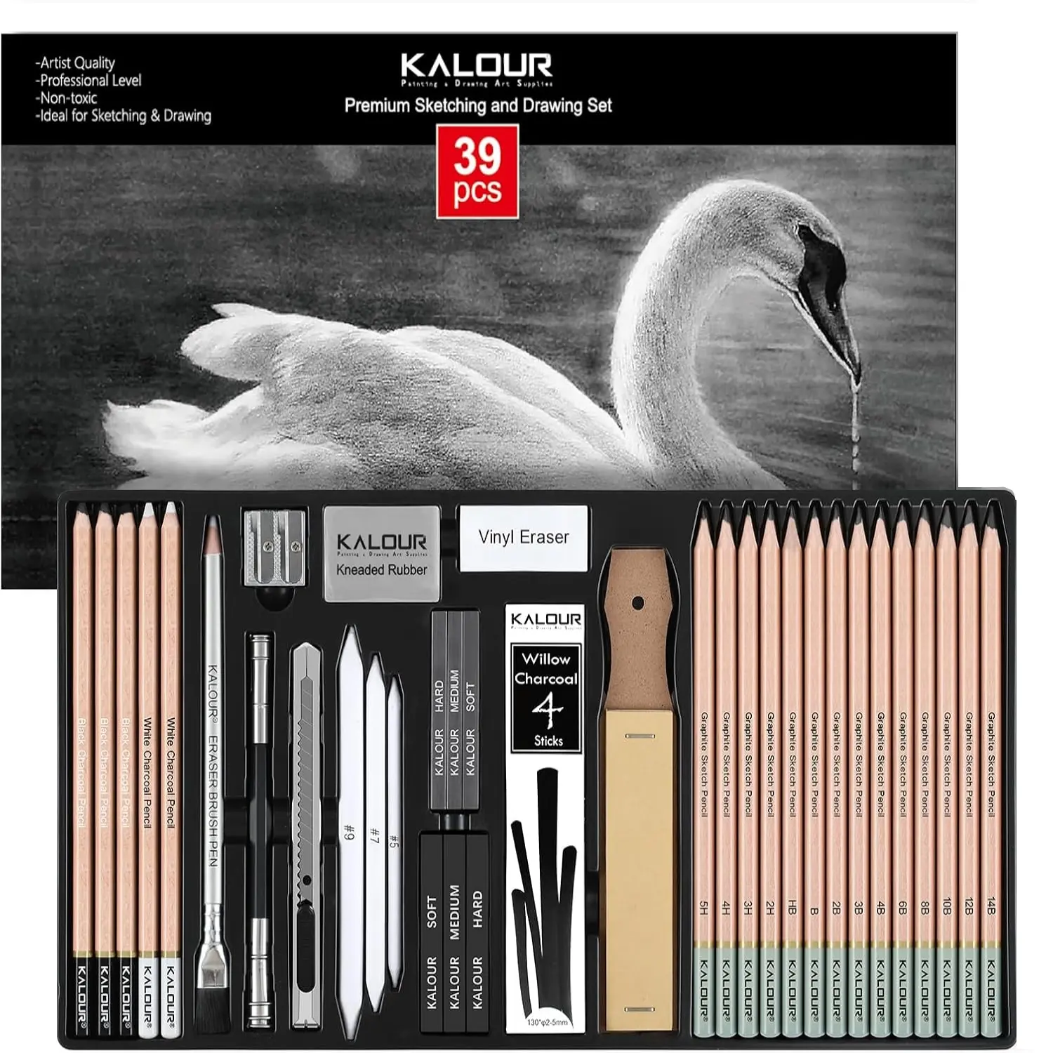 39Pcs Drawing Pencil Set, Professional Sketch Pencils (5H-14B), Black and White Charcoal Pencils for Sketching, Eraser Brush Pen, Charcoal Sticks, Art Pencils Set for Artists & Beginners, Premium Art Supplies