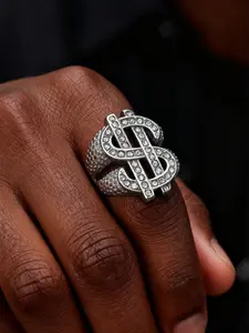 1pc Hip-hop Style Domineering Hollowed Out Dollar Sign Ring, Inlaid with Cubic Zirconia, Customizable for Men's Rings