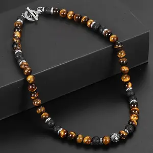 8MM Natural Yellow Tiger Eye's Stone Lava Beaded Necklace Choker Toggle Clasp for Men Female Handmade Jewelry Gift christmas gift
