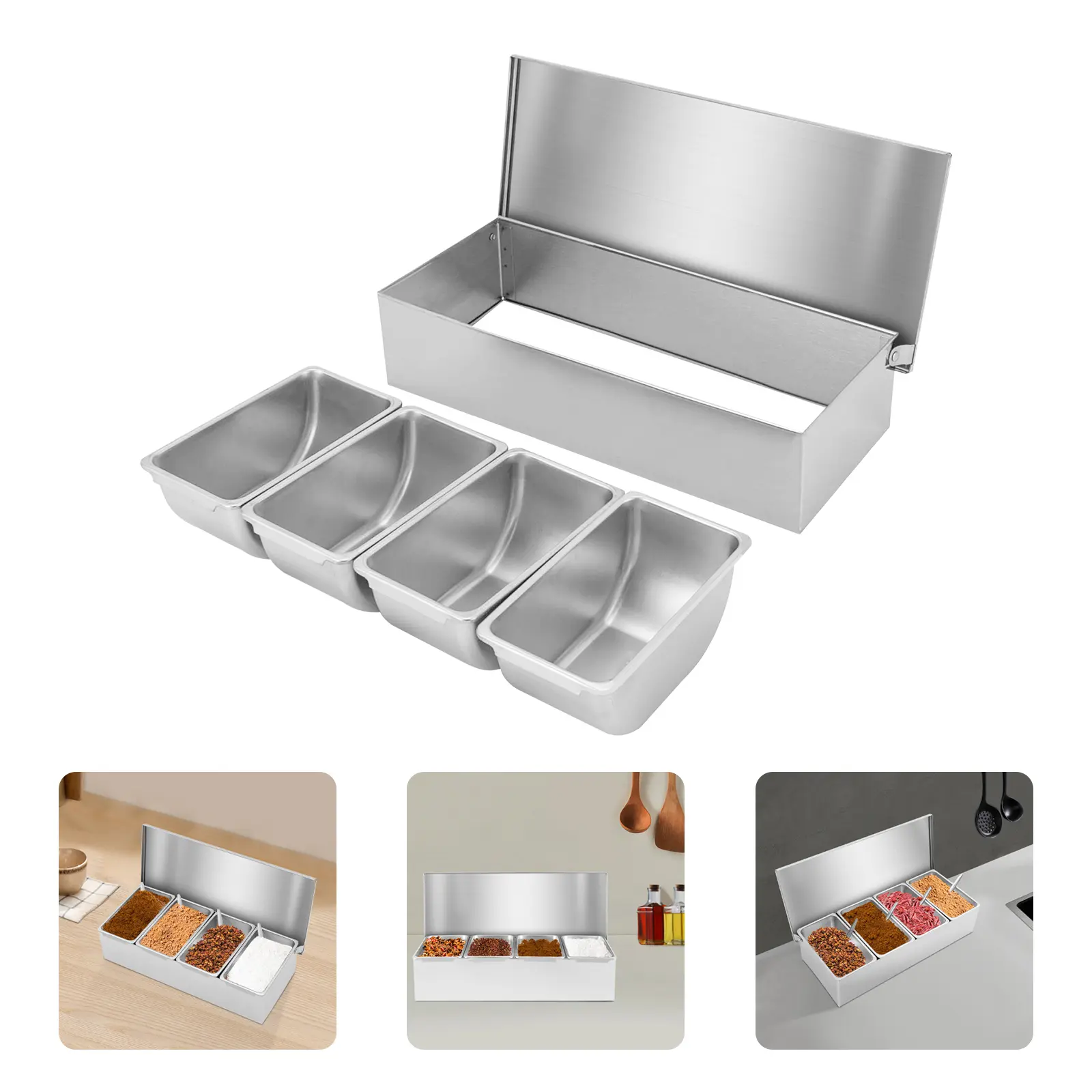4 Compartment Stainless Steel Condiment Pots Silver Polished Electrolytic 201&304 Stainless Steel Condiment Dispenser Assembleable Dishwasher Safe Tabletop Spice Storage Container With Spoons For Home Restaurant Kitchen Organization
